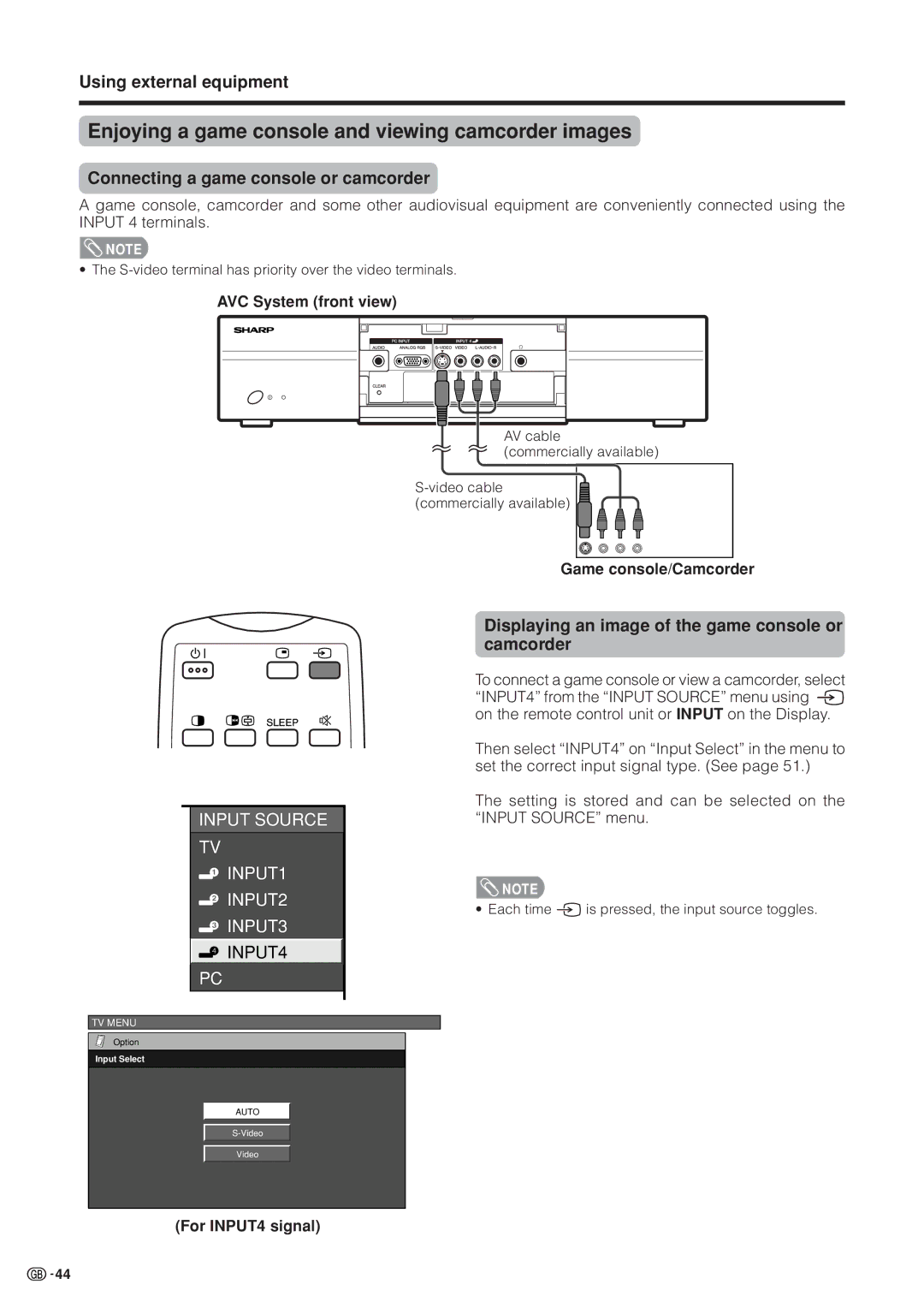 Sharp LC-37HV4M Enjoying a game console and viewing camcorder images, Connecting a game console or camcorder 