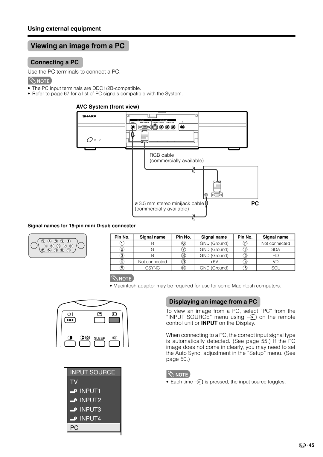 Sharp LC-37HV4M operation manual Viewing an image from a PC, Connecting a PC, Displaying an image from a PC 