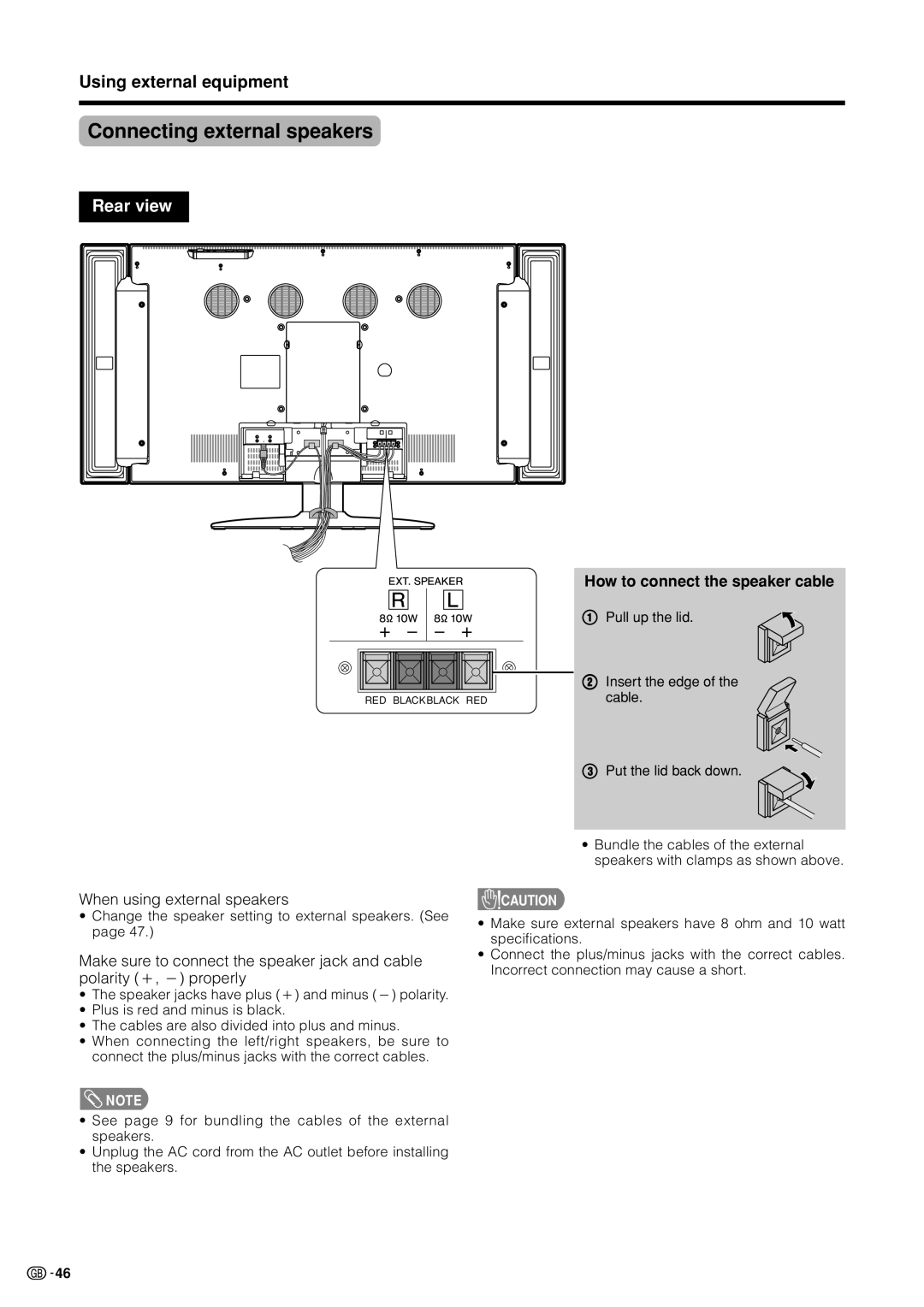 Sharp LC-37HV4M operation manual Connecting external speakers, When using external speakers, Polarity L, + properly 