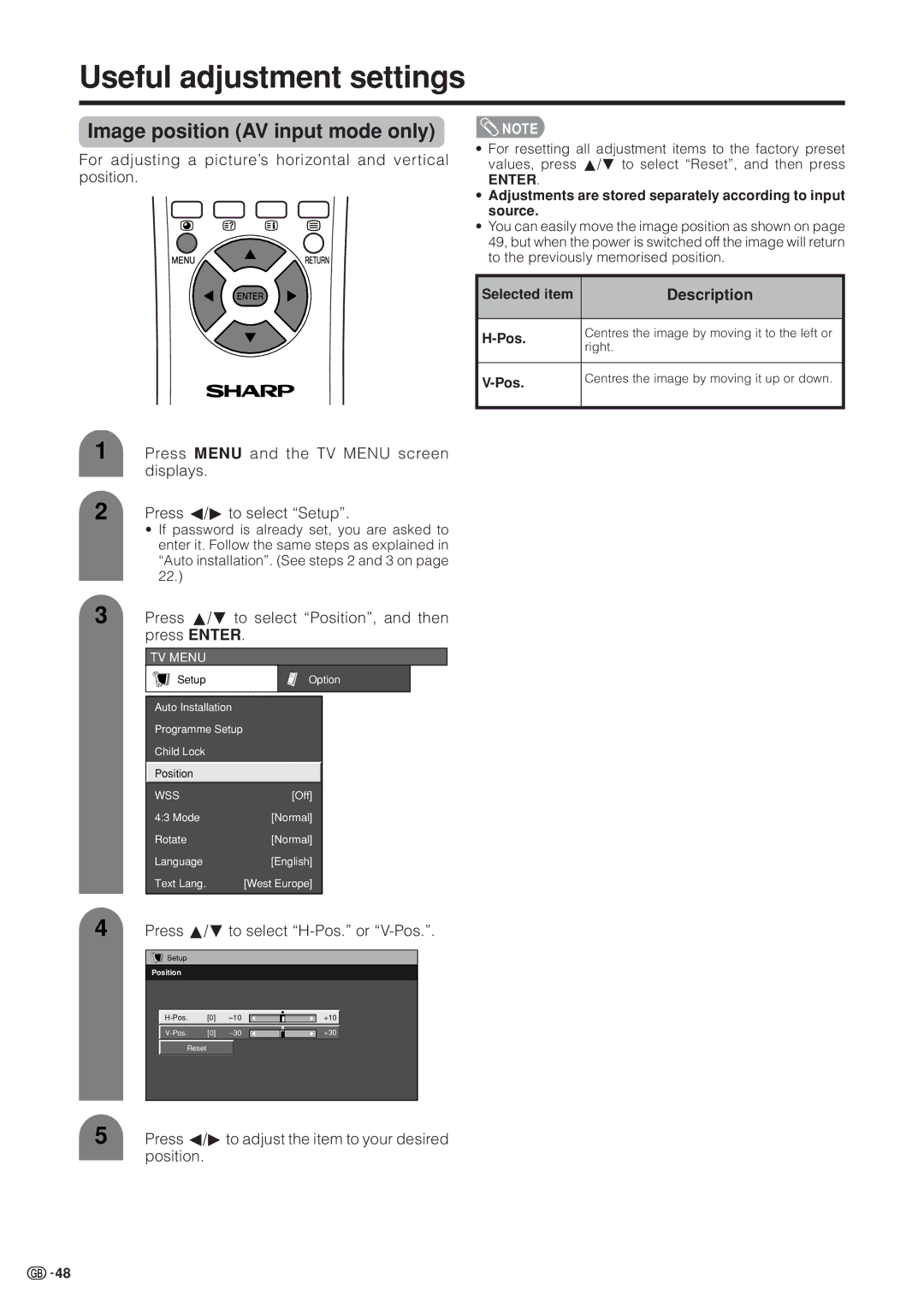 Sharp LC-37HV4M operation manual Useful adjustment settings, Image position AV input mode only, Description 