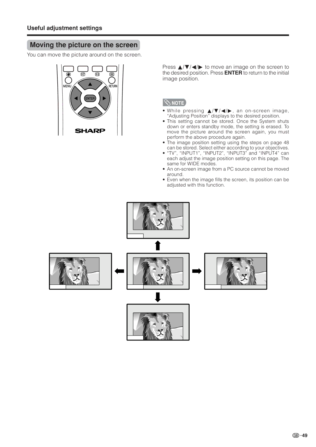 Sharp LC-37HV4M operation manual Moving the picture on the screen, Useful adjustment settings 