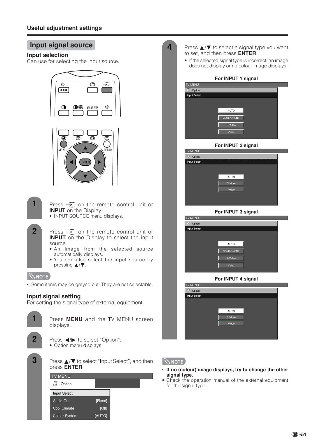 Sharp LC-37HV4M operation manual Input signal source, Input selection, Input signal setting 