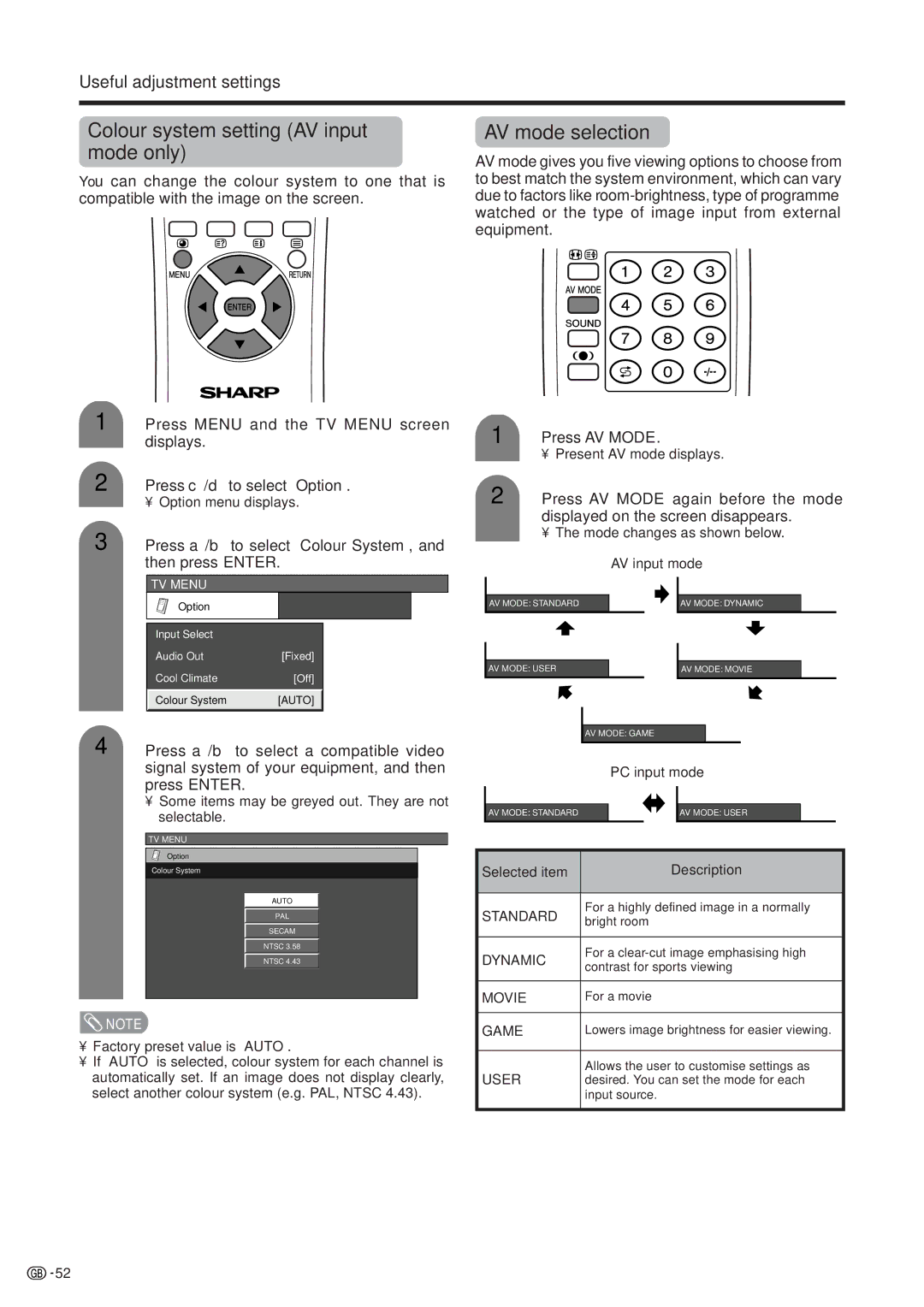 Sharp LC-37HV4M Colour system setting AV input mode only, AV mode selection, Press a/ b to select a compatible video 