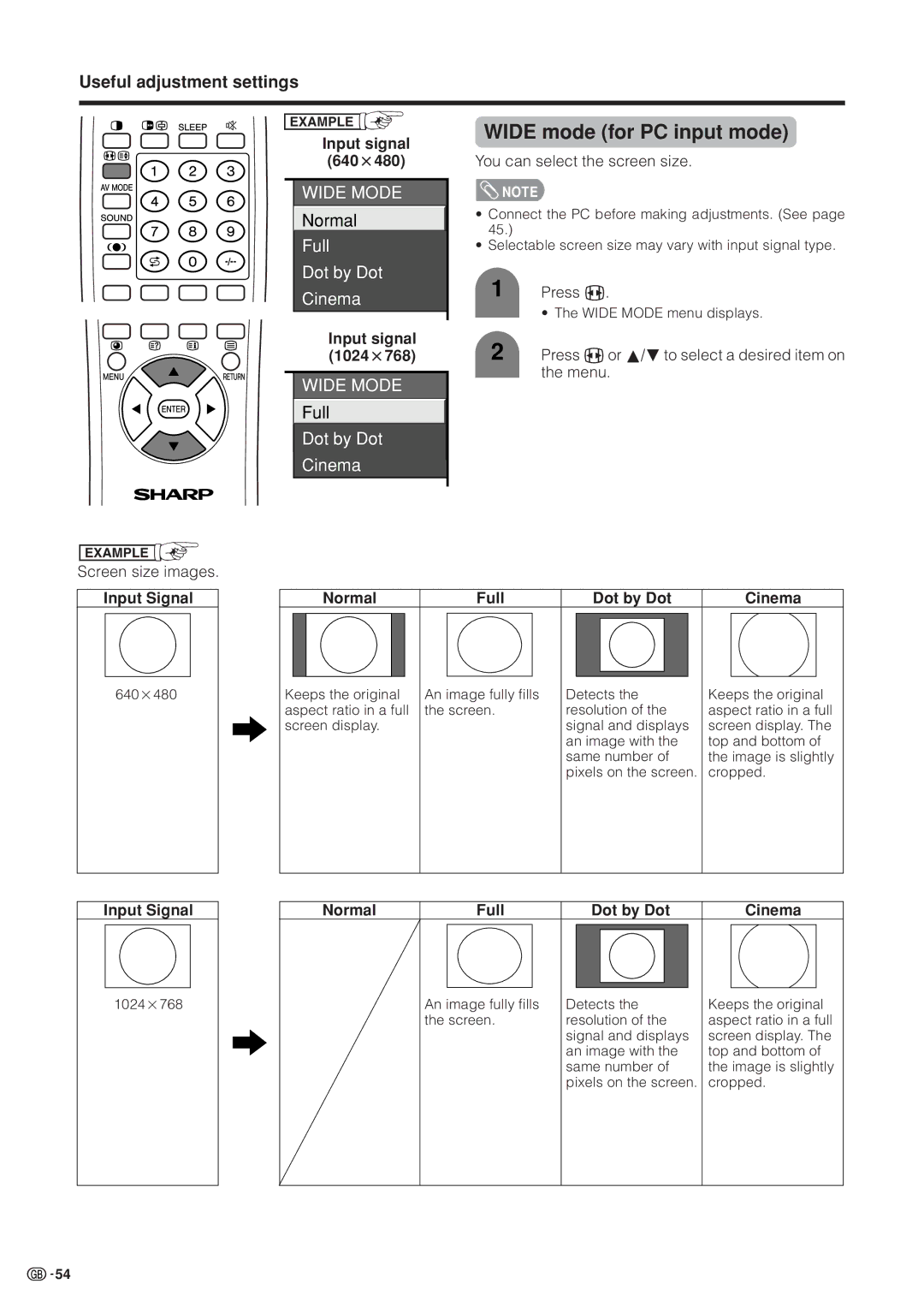 Sharp LC-37HV4M operation manual Wide mode for PC input mode 