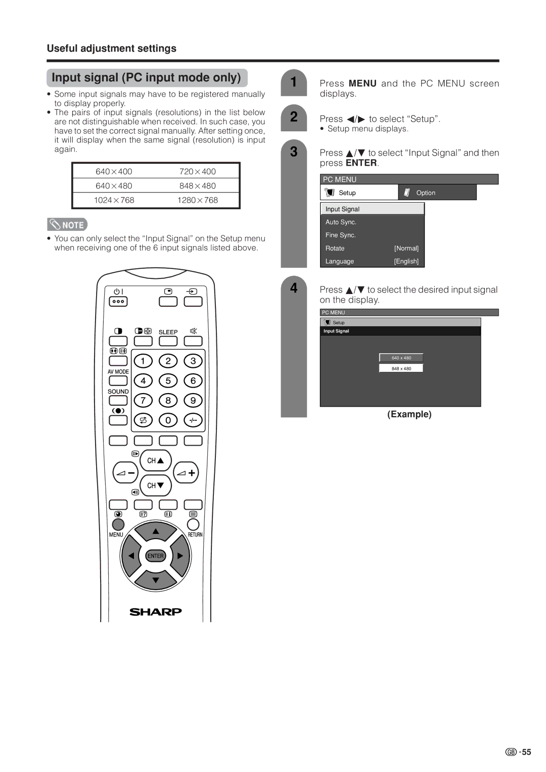 Sharp LC-37HV4M Input signal PC input mode only, Press a/bto select Input Signal and then press Enter, Example 