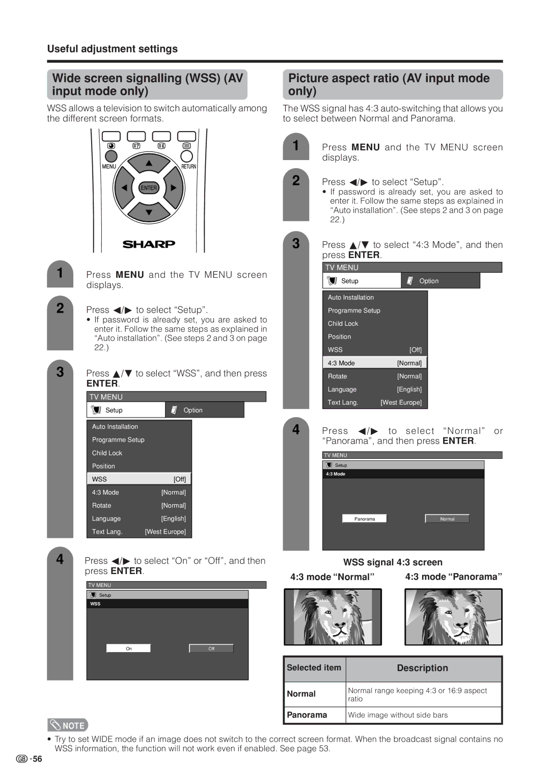 Sharp LC-37HV4M operation manual Wide screen signalling WSS AV input mode only, Picture aspect ratio AV input mode only 