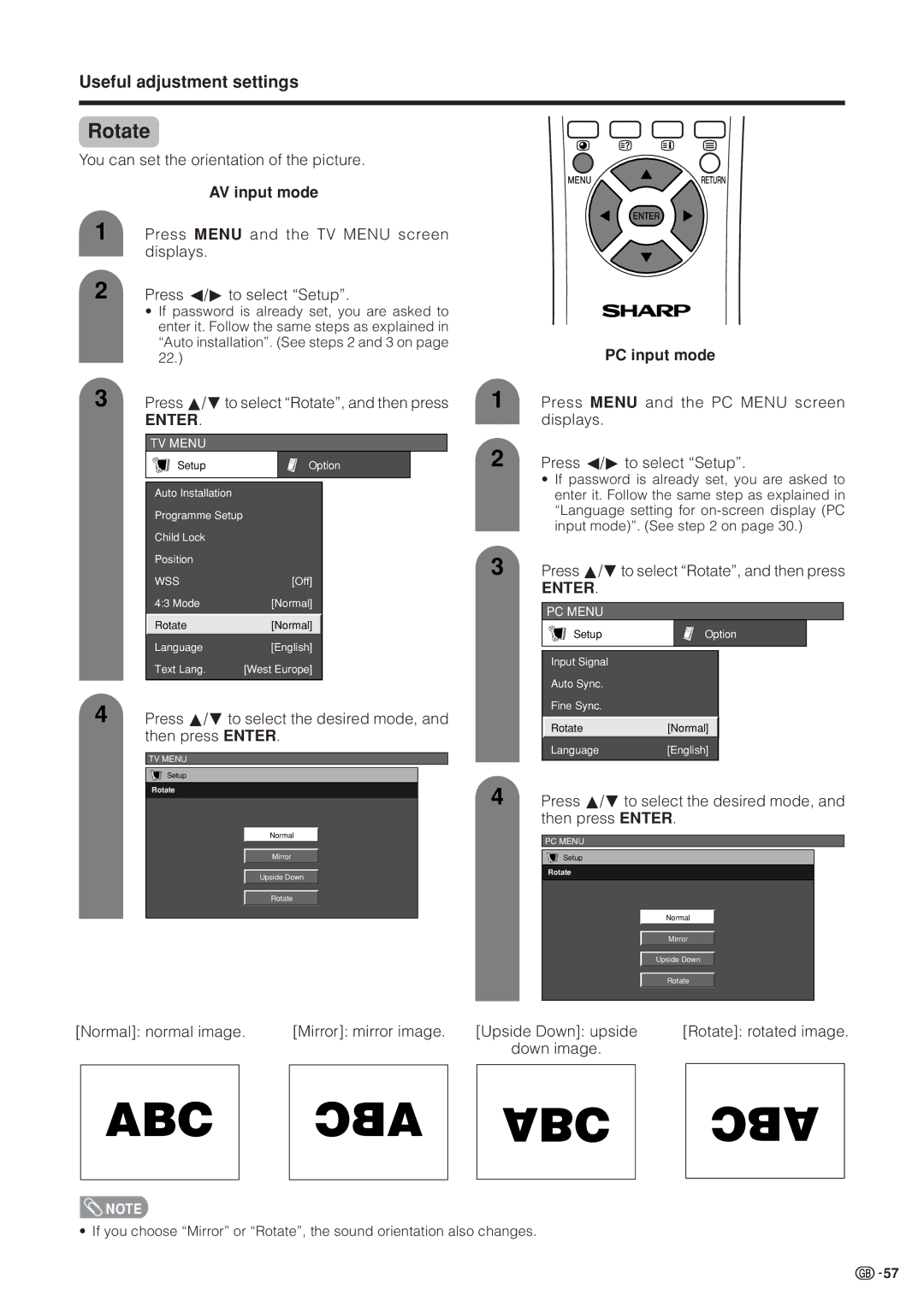 Sharp LC-37HV4M operation manual Rotate, You can set the orientation of the picture, AV input mode, PC input mode 