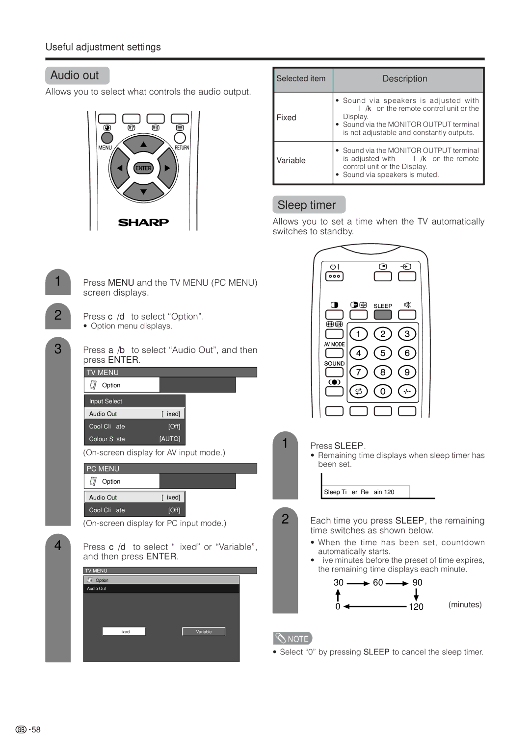 Sharp LC-37HV4M operation manual Audio out, Sleep timer, Press a/bto select Audio Out, and then press Enter, 30 60 120 