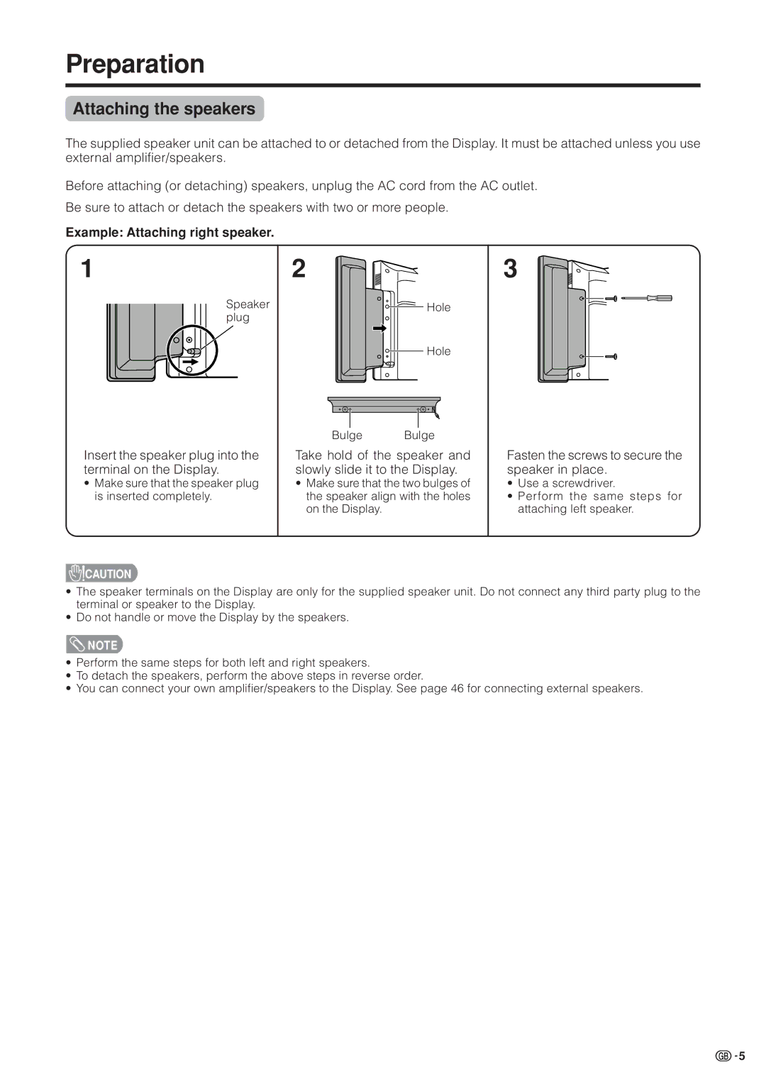 Sharp LC-37HV4M operation manual Preparation, Attaching the speakers, Example Attaching right speaker 