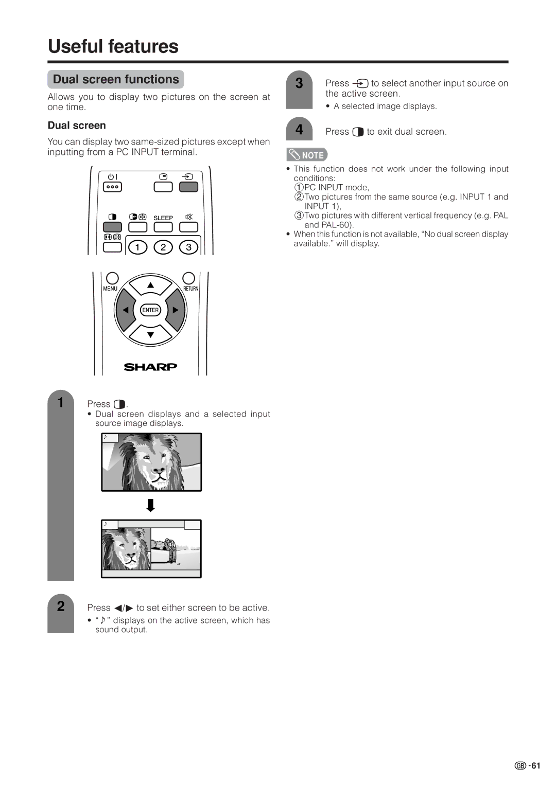 Sharp LC-37HV4M operation manual Useful features, Dual screen functions 