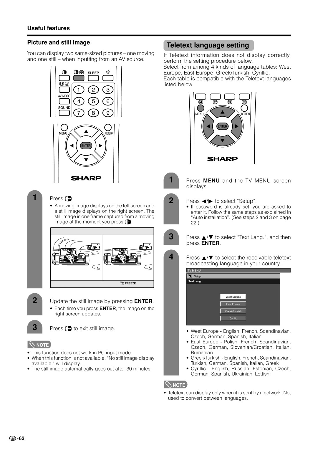 Sharp LC-37HV4M Teletext language setting, Useful features Picture and still image, Press d to exit still image 