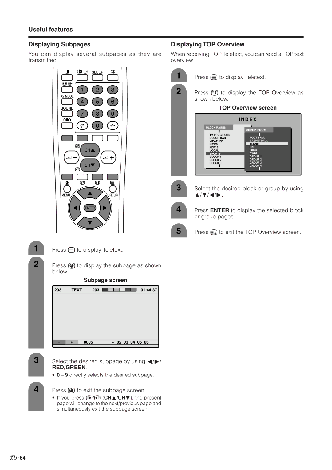 Sharp LC-37HV4M Useful features Displaying Subpages, Displaying TOP Overview, TOP Overview screen, Subpage screen 