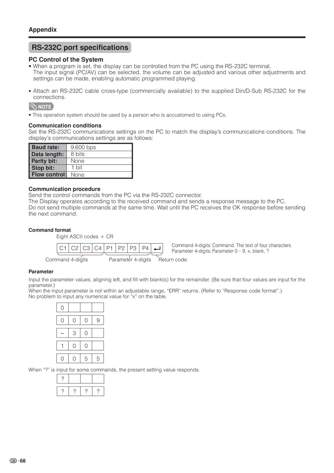 Sharp LC-37HV4M operation manual RS-232C port specifications, PC Control of the System 