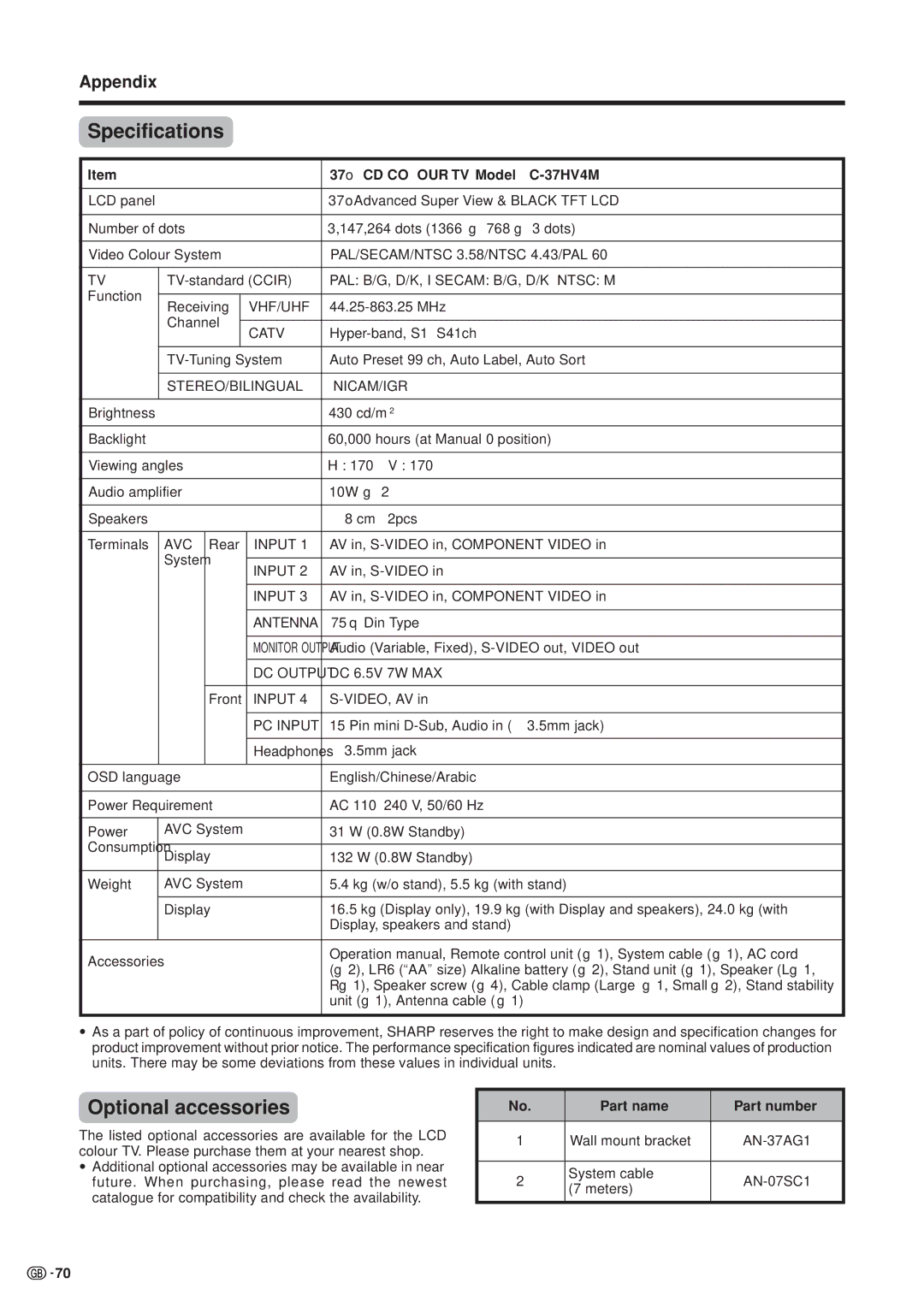 Sharp operation manual Specifications, Optional accessories, 37oLCD Colour TV, ModelLC-37HV4M, Part name Part number 