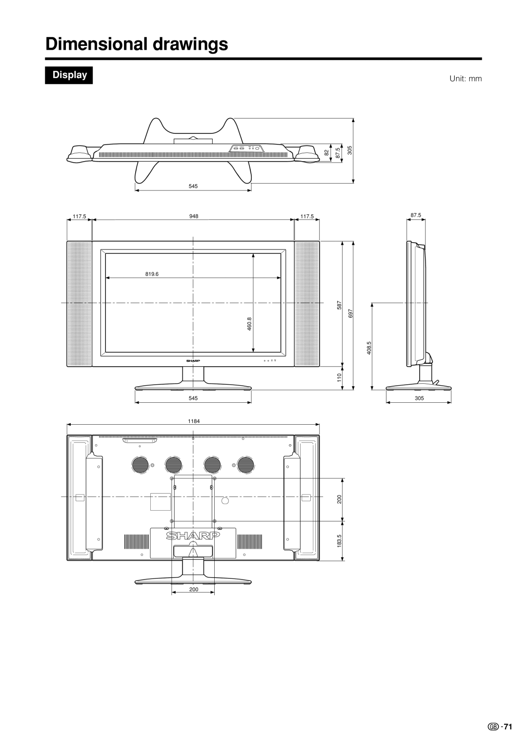 Sharp LC-37HV4M operation manual Dimensional drawings, Display 