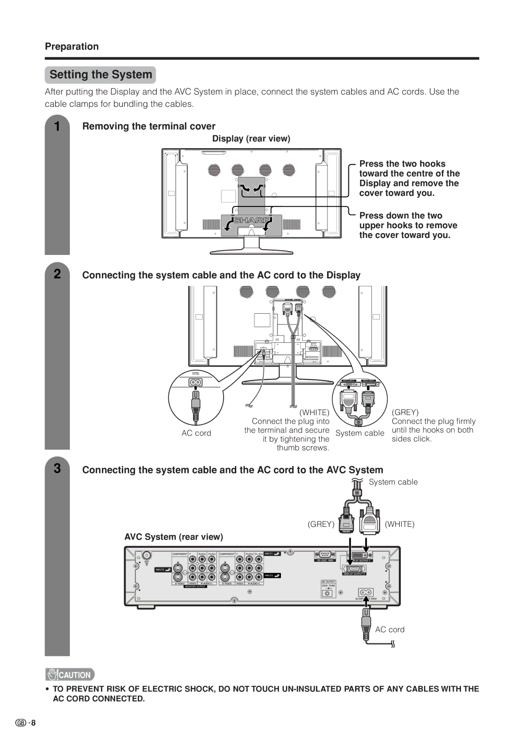 Sharp LC-37HV4M operation manual Setting the System, Removing the terminal cover, AVC System rear view 