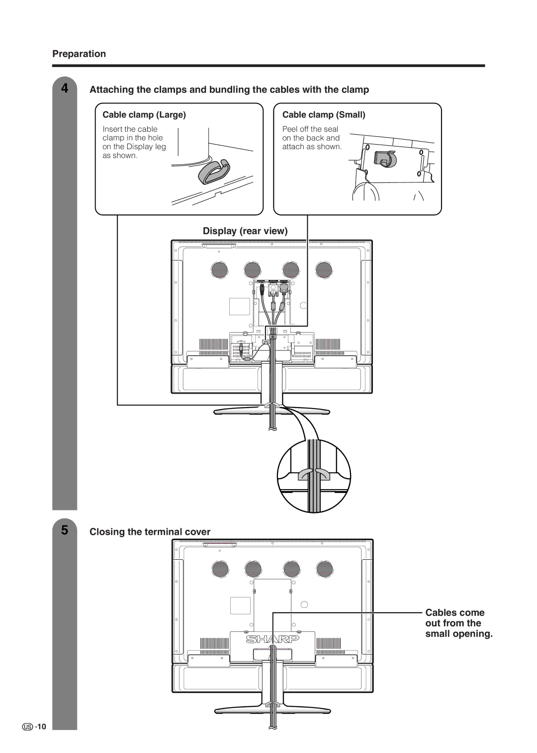 Sharp LC 37HV6U operation manual Cable clamp Large, Cable clamp Small, Display rear view 