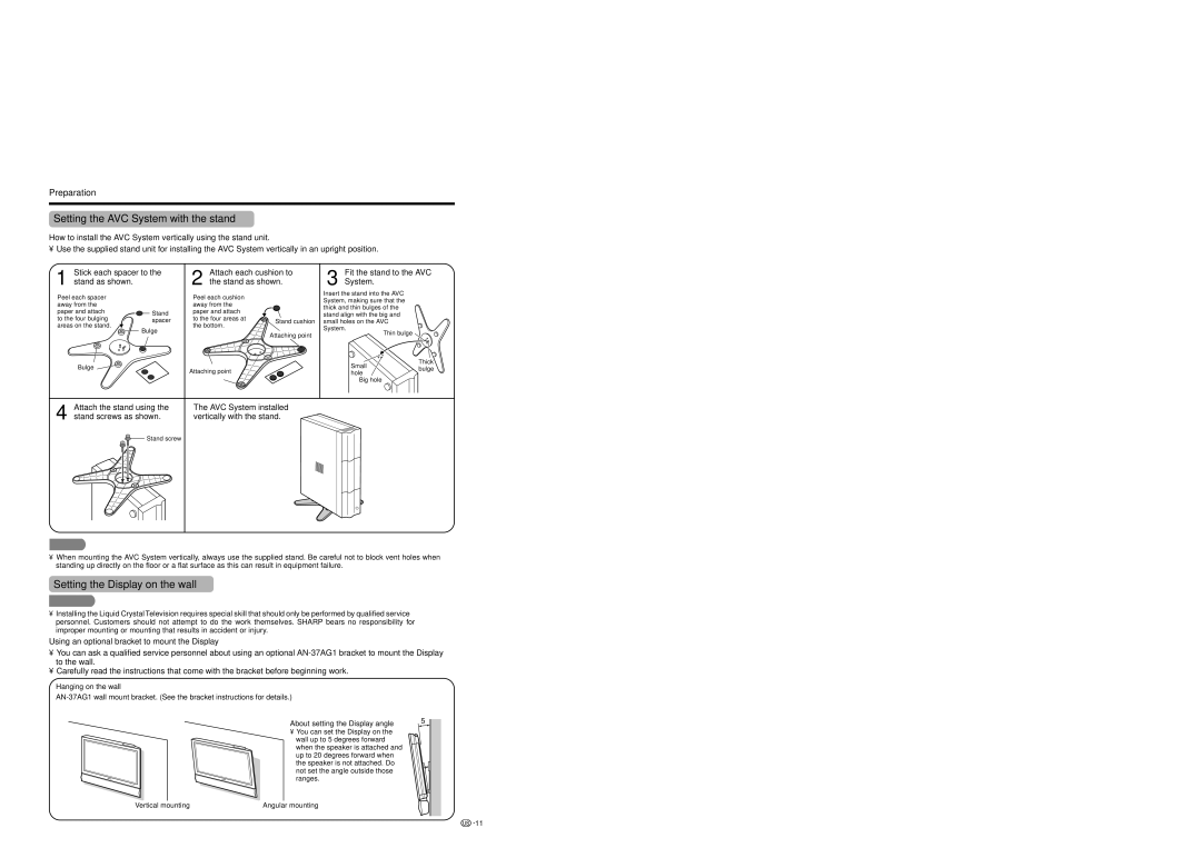 Sharp LC 37HV6U Setting the AVC System with the stand, Setting the Display on the wall, Hanging on the wall 