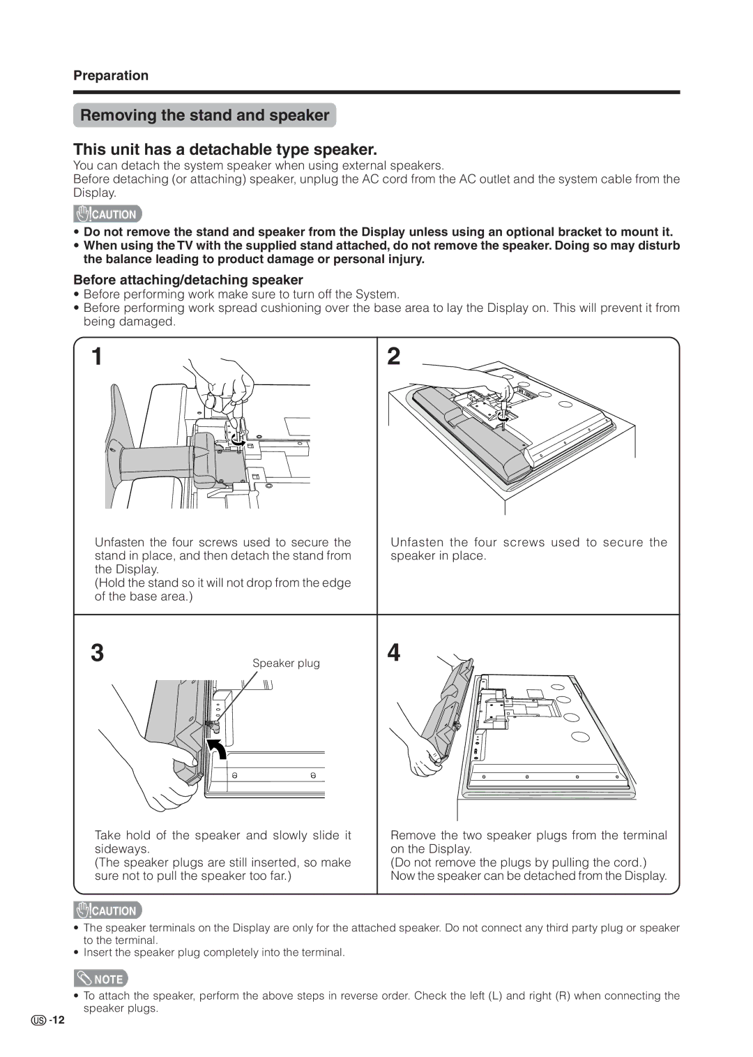 Sharp LC 37HV6U operation manual Before attaching/detaching speaker 