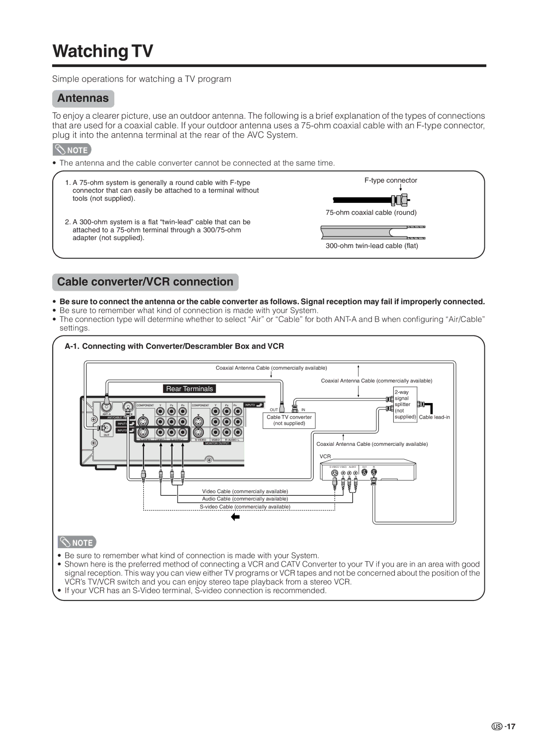 Sharp LC 37HV6U Watching TV, Antennas, Cable converter/VCR connection, Simple operations for watching a TV program 