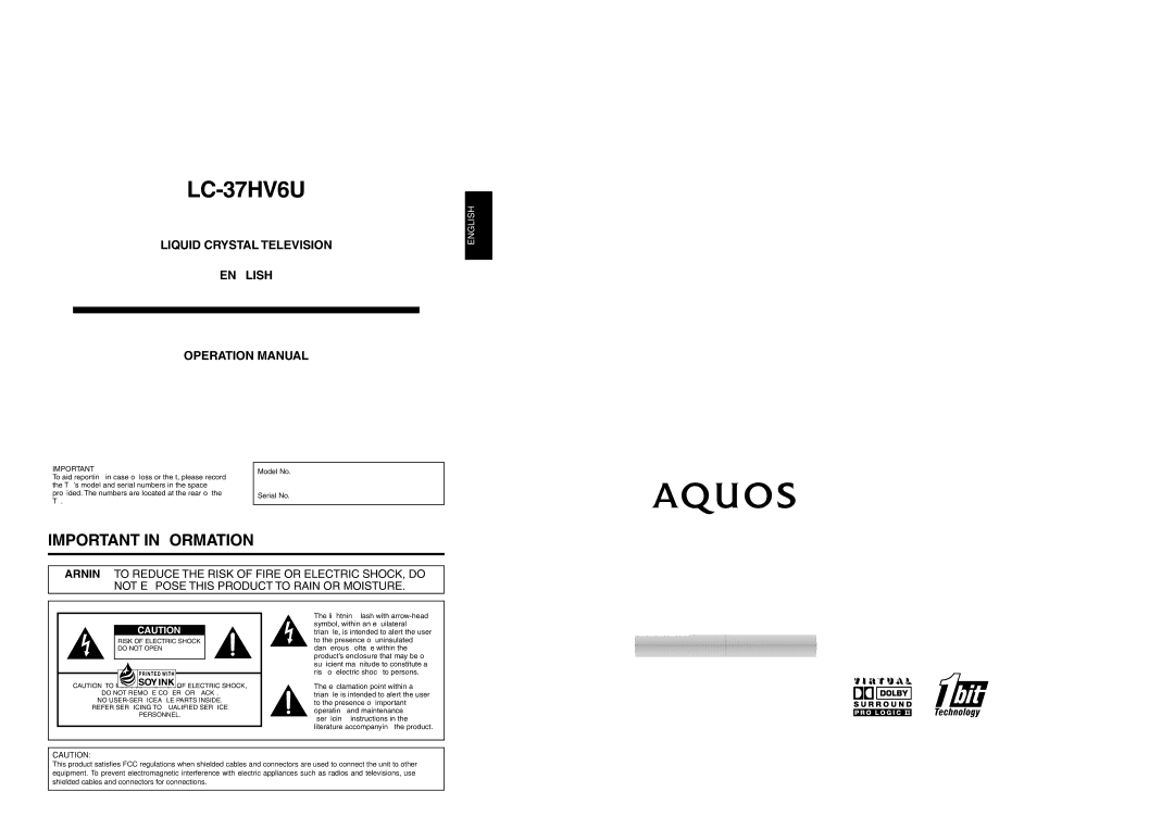 Sharp LC 37HV6U operation manual LC-37HV6U 