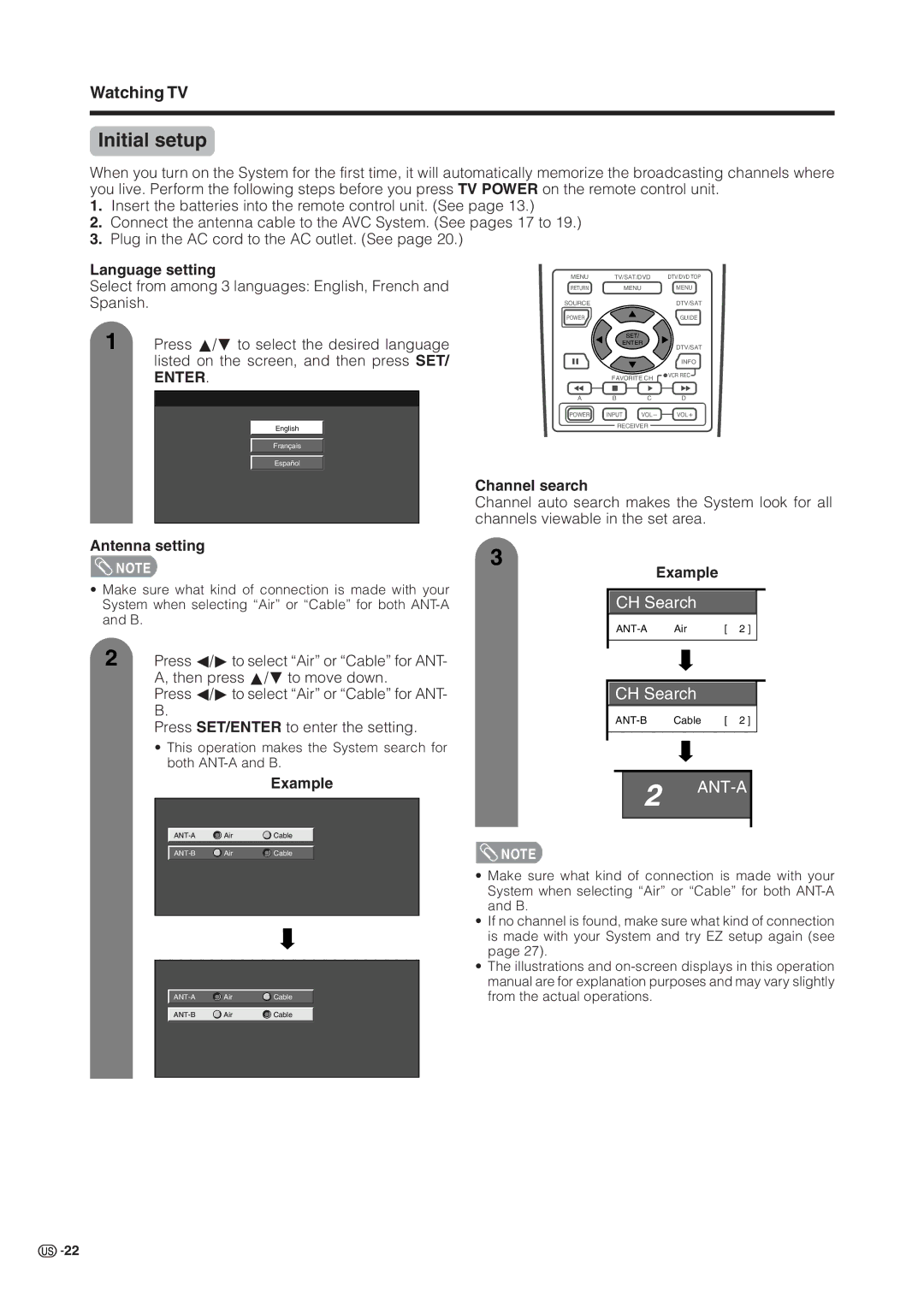 Sharp LC 37HV6U operation manual Initial setup, Language setting, Antenna setting, Channel search, Example 