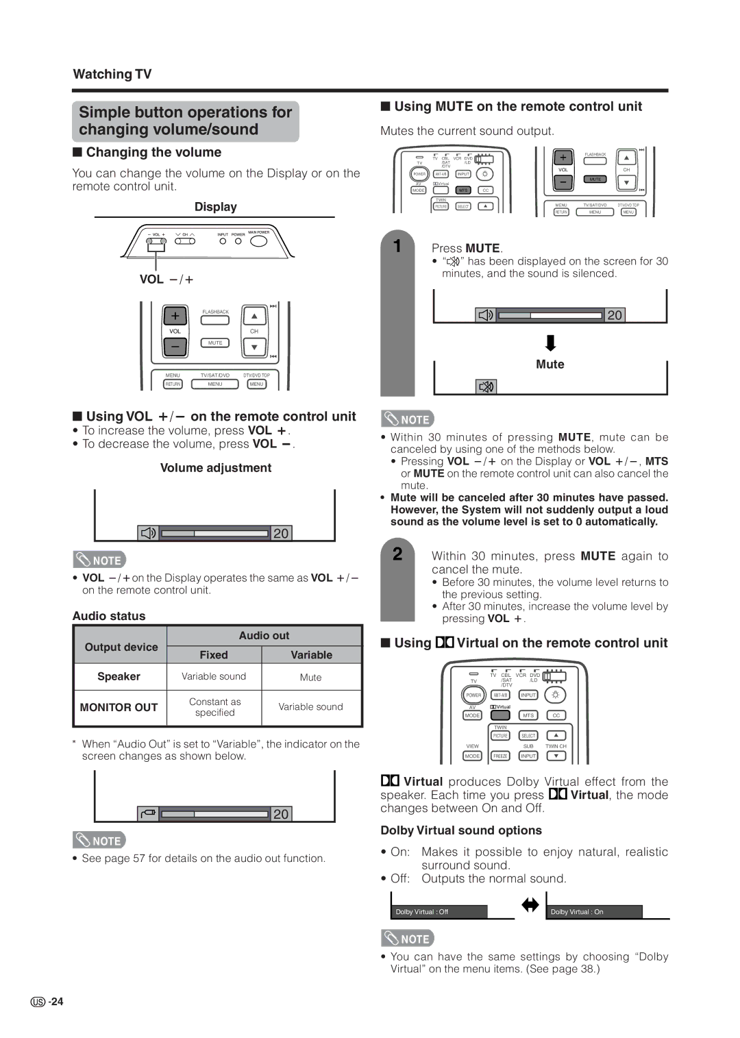 Sharp LC 37HV6U operation manual Simple button operations for changing volume/sound, Changing the volume 