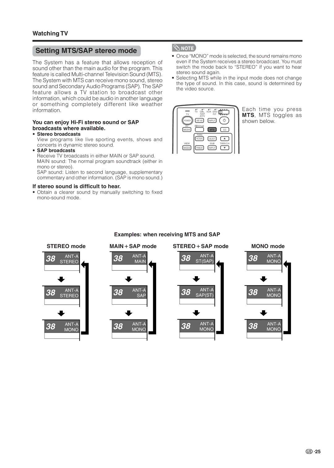 Sharp LC 37HV6U Setting MTS/SAP stereo mode, If stereo sound is difficult to hear, Stereo broadcasts, SAP broadcasts 