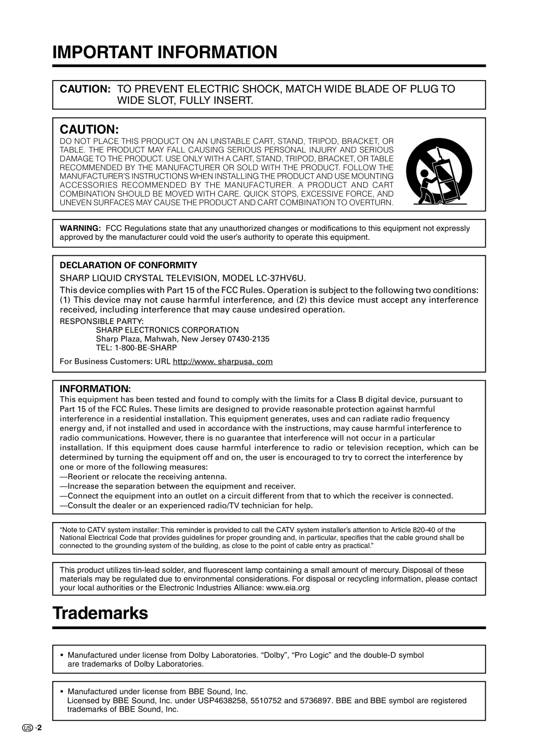 Sharp LC 37HV6U operation manual Trademarks, Declaration of Conformity 