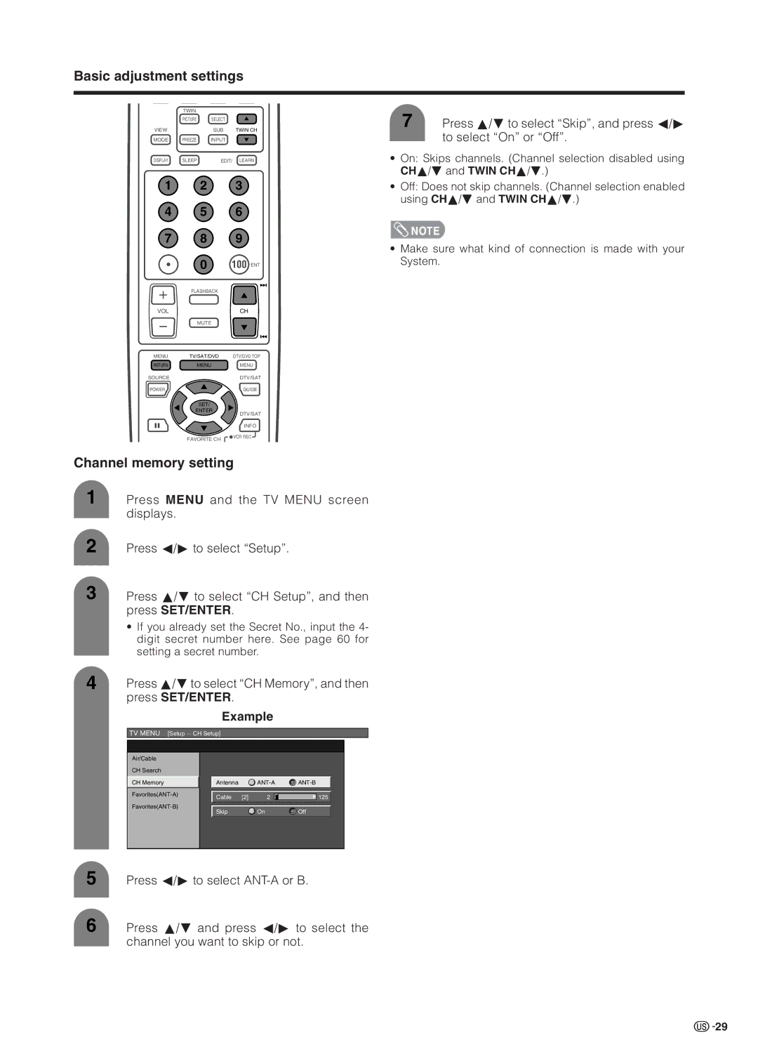 Sharp LC 37HV6U operation manual Channel memory setting, Press SET/ENTER, Press a/ bto select CH Memory, and then 