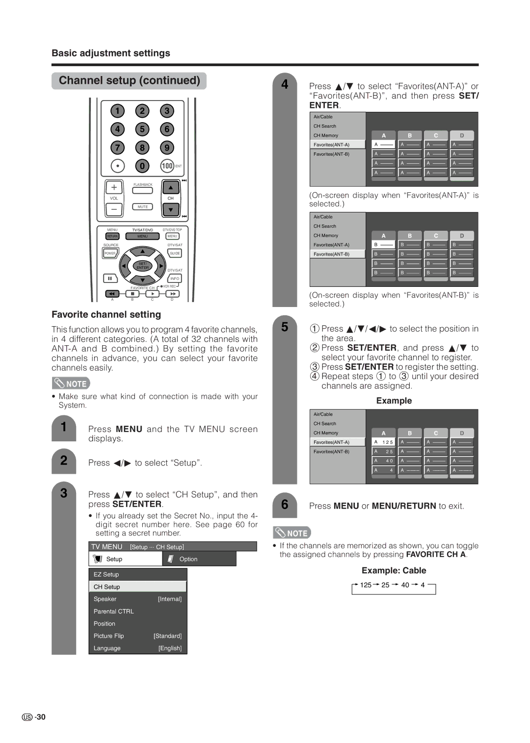 Sharp LC 37HV6U operation manual Favorite channel setting, Press Menu or MENU/RETURN to exit, Example Cable 