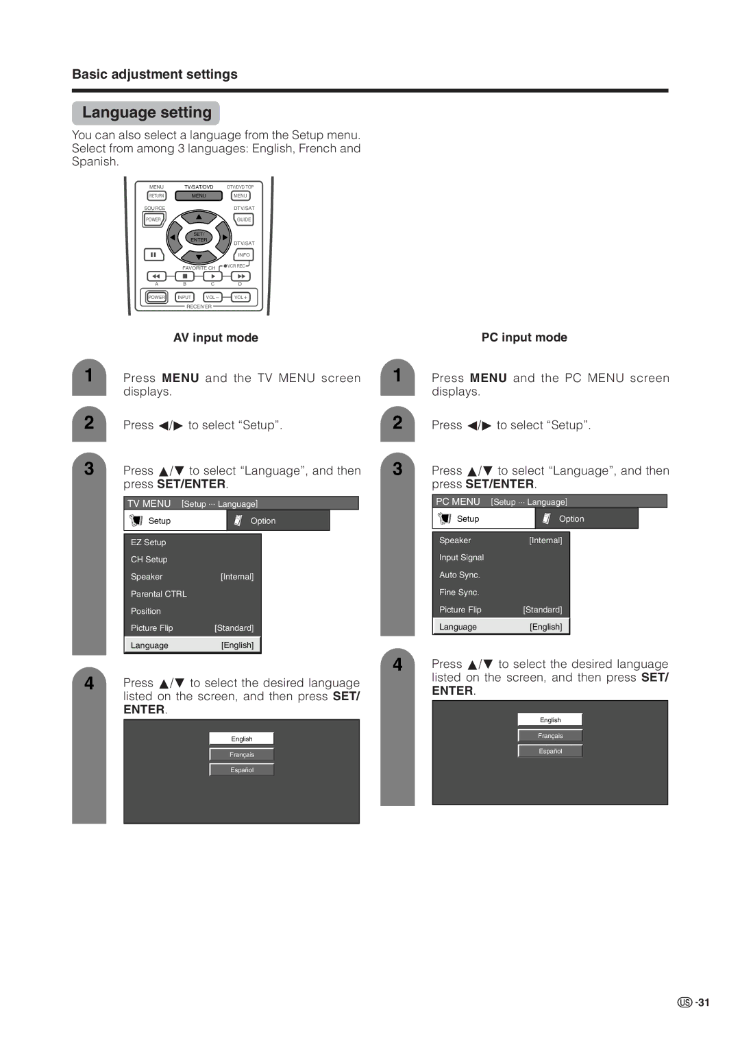 Sharp LC 37HV6U operation manual Language setting, AV input mode, Press a/ b to select the desired language, PC input mode 