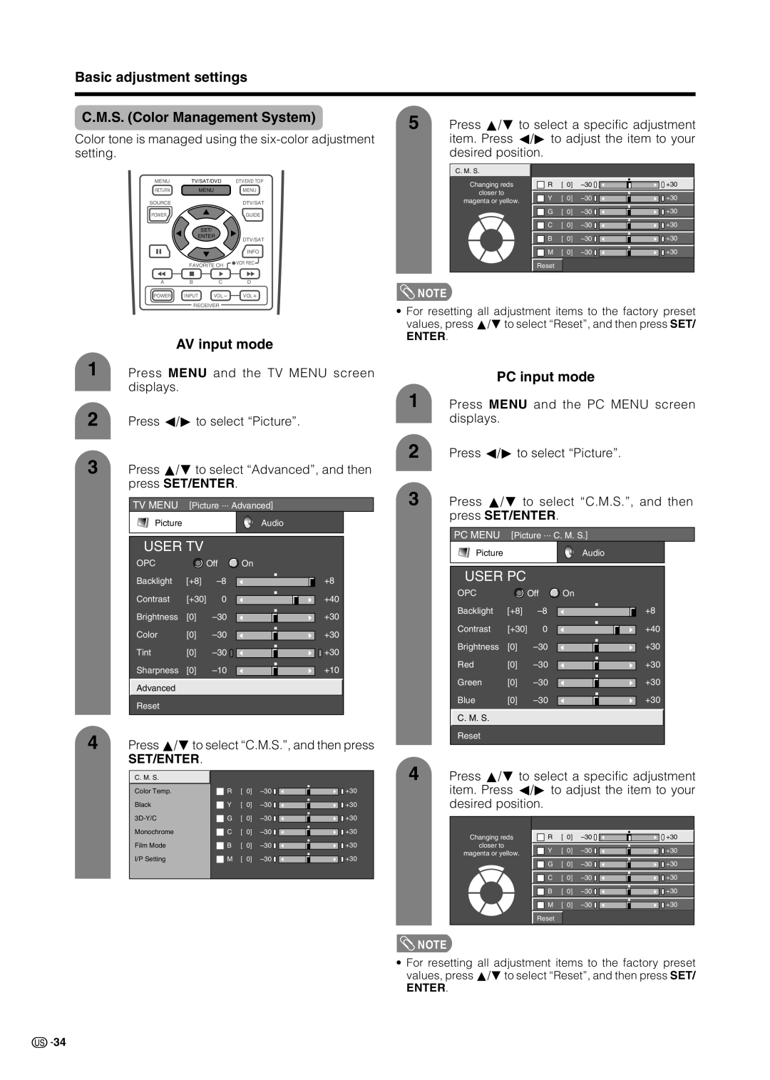 Sharp LC 37HV6U operation manual Basic adjustment settings S. Color Management System, AV input mode, PC input mode 