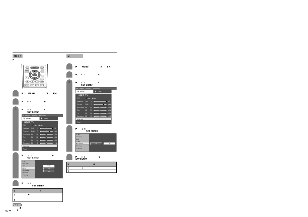 Sharp LC 37HV6U Basic adjustment settings 3D-Y/C Monochrome, Press a/b to select 3D-Y/C, and then press SET/ENTER 