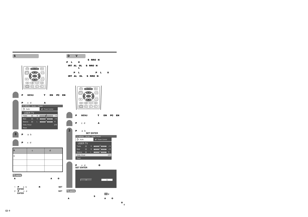 Sharp LC 37HV6U operation manual Sound adjustment, Dolby Virtual, Press c/ d to select On, and then press 