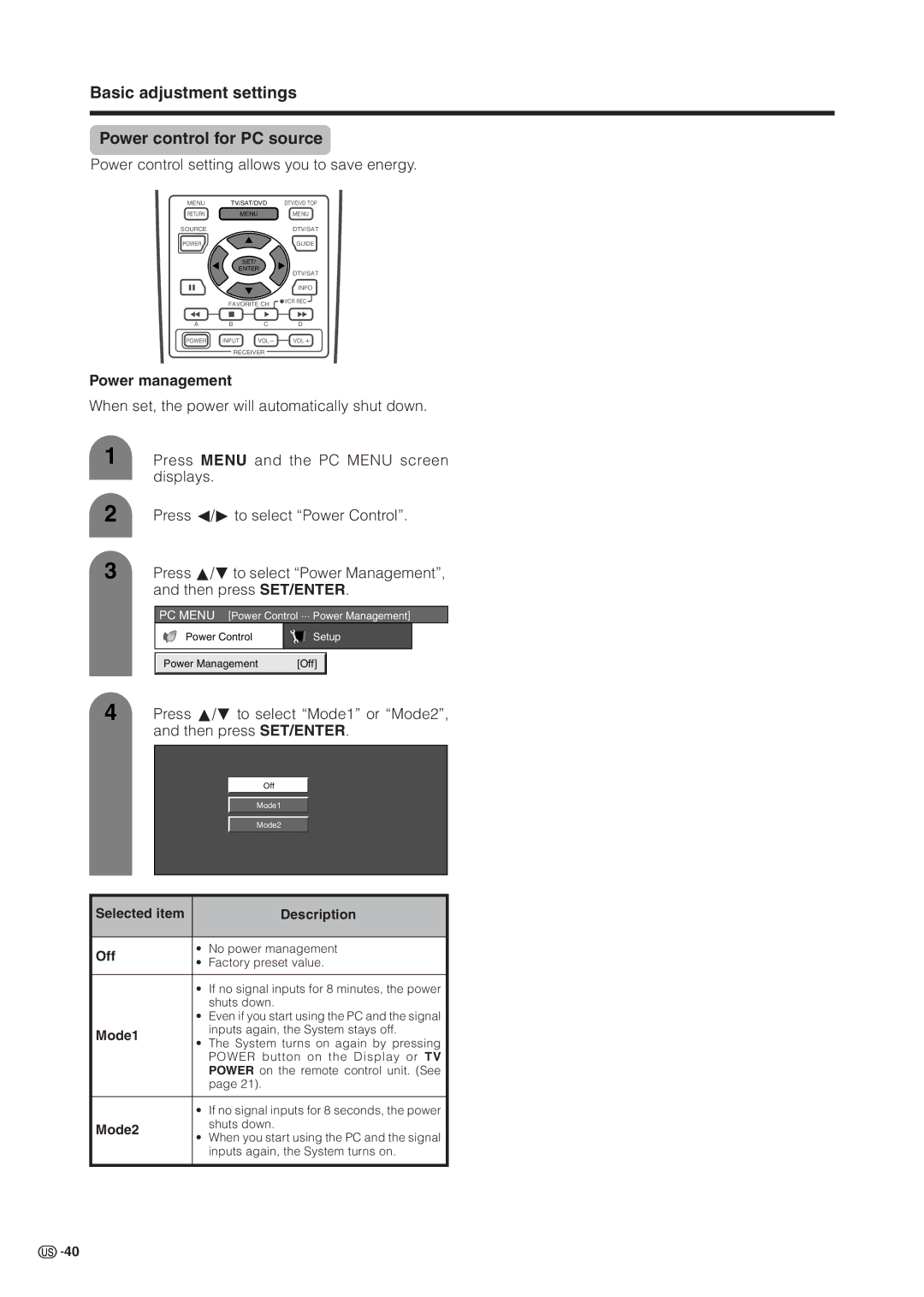 Sharp LC 37HV6U operation manual Basic adjustment settings Power control for PC source, Power management, Mode1, Mode2 