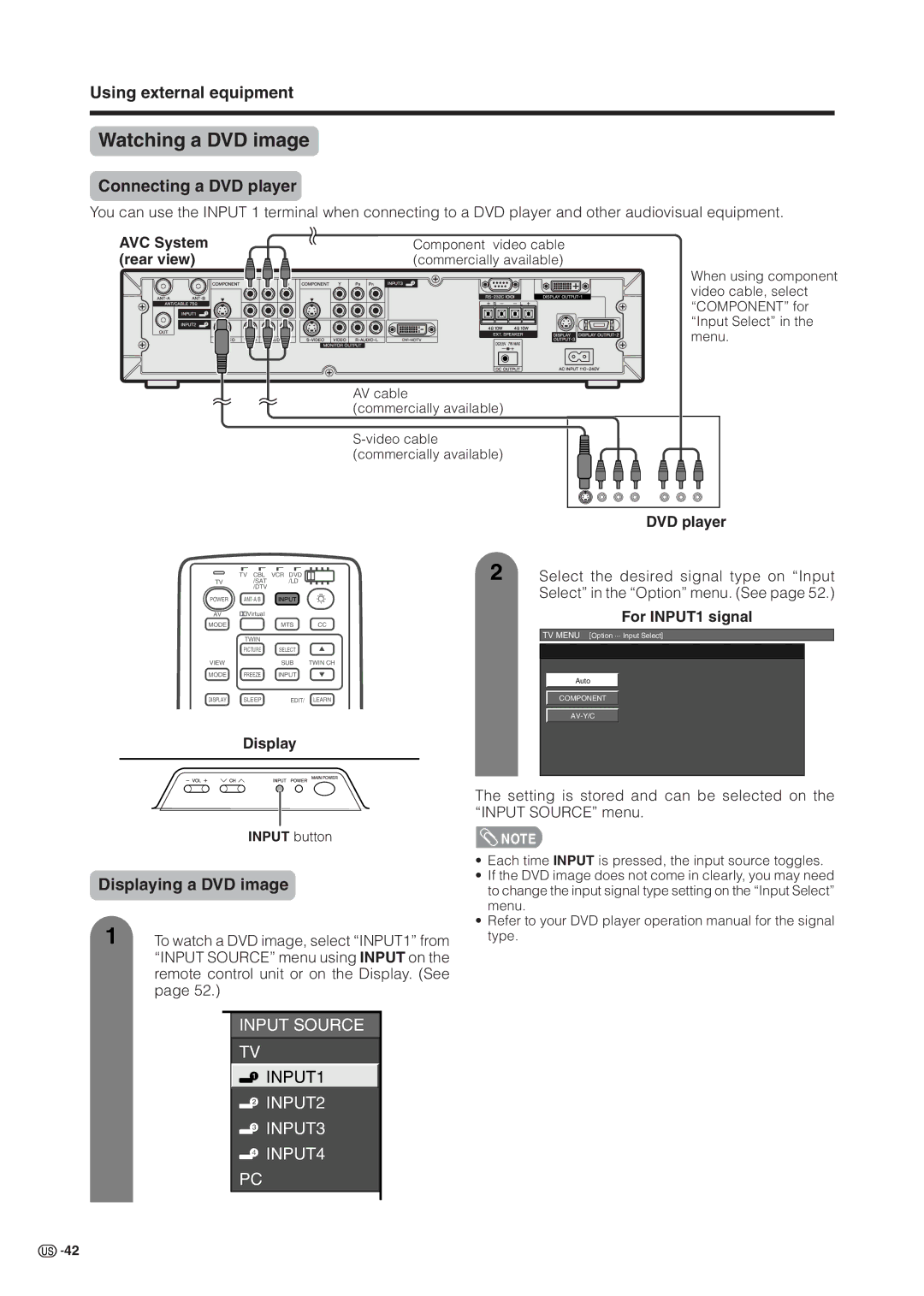 Sharp LC 37HV6U Watching a DVD image, Using external equipment, Connecting a DVD player, Displaying a DVD image 