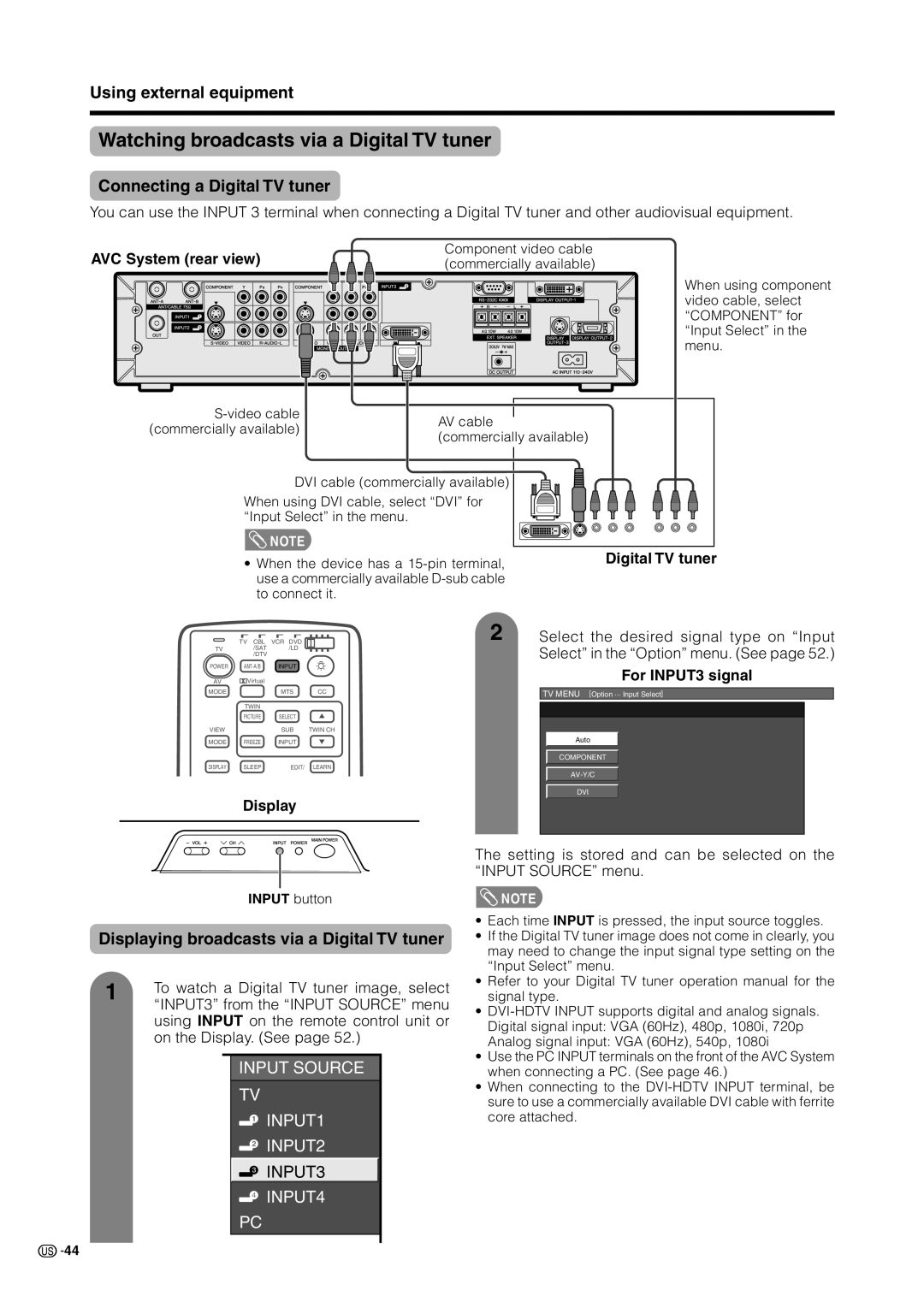 Sharp LC 37HV6U Watching broadcasts via a Digital TV tuner, Connecting a Digital TV tuner, For INPUT3 signal 