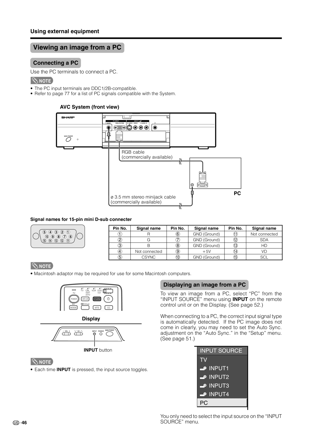 Sharp LC 37HV6U operation manual Viewing an image from a PC, Connecting a PC, Displaying an image from a PC, Source menu 