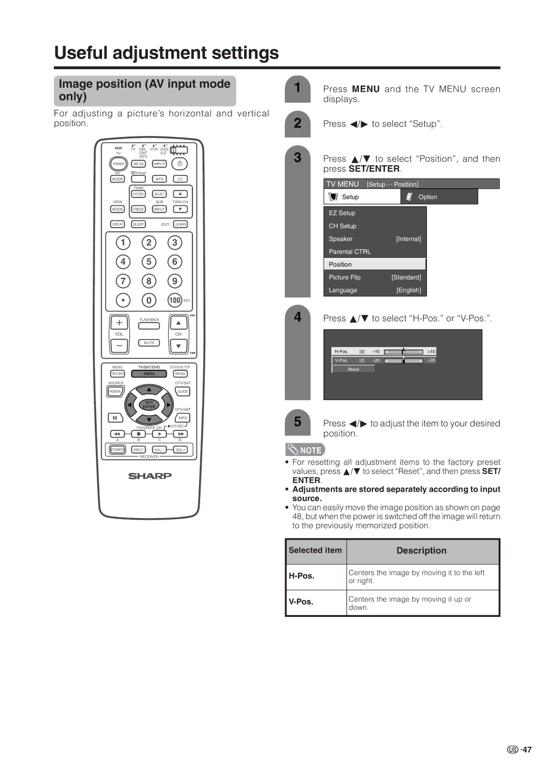 Sharp LC 37HV6U operation manual Useful adjustment settings, Image position AV input mode only, Description 