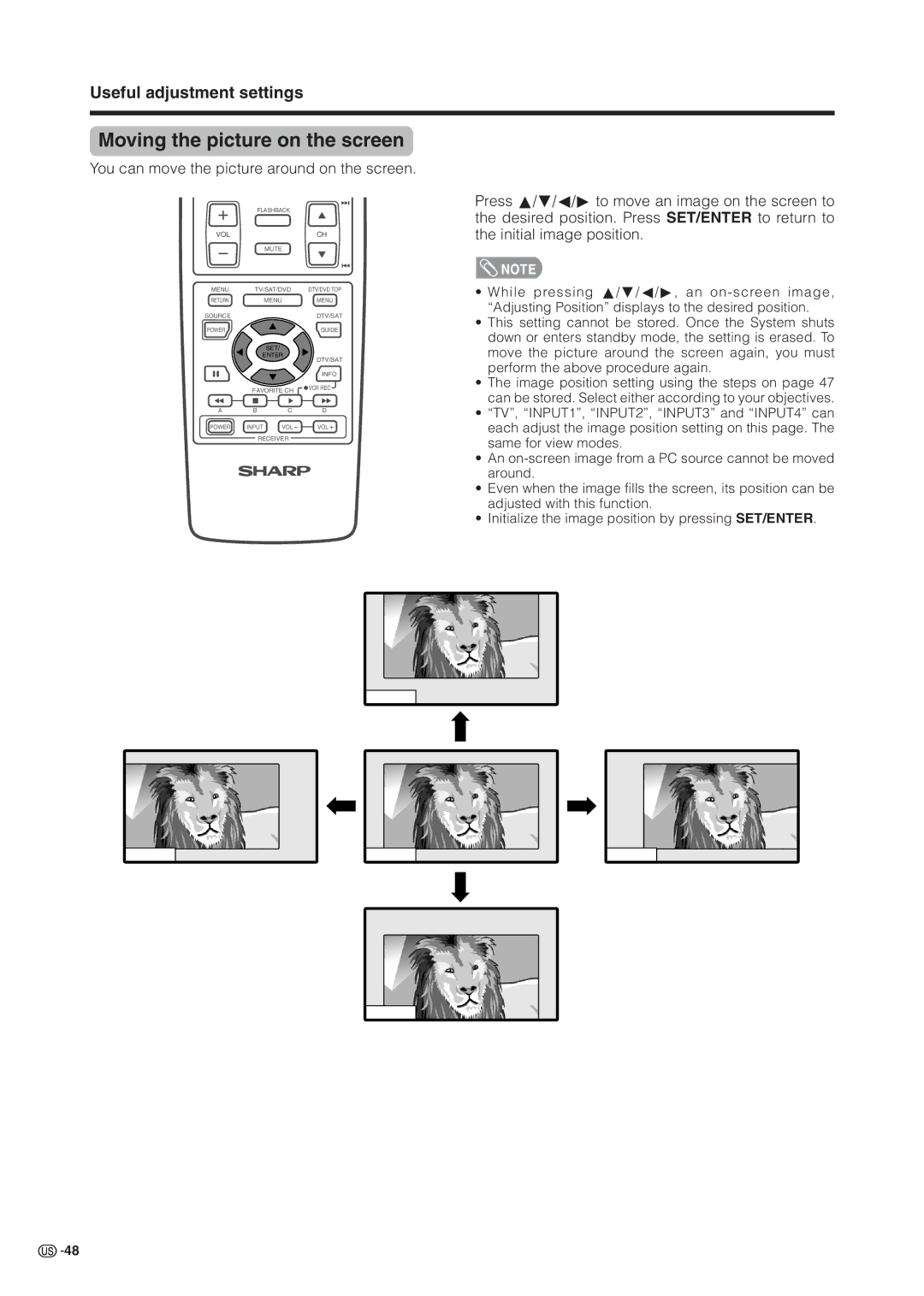 Sharp LC 37HV6U operation manual Moving the picture on the screen, Useful adjustment settings 