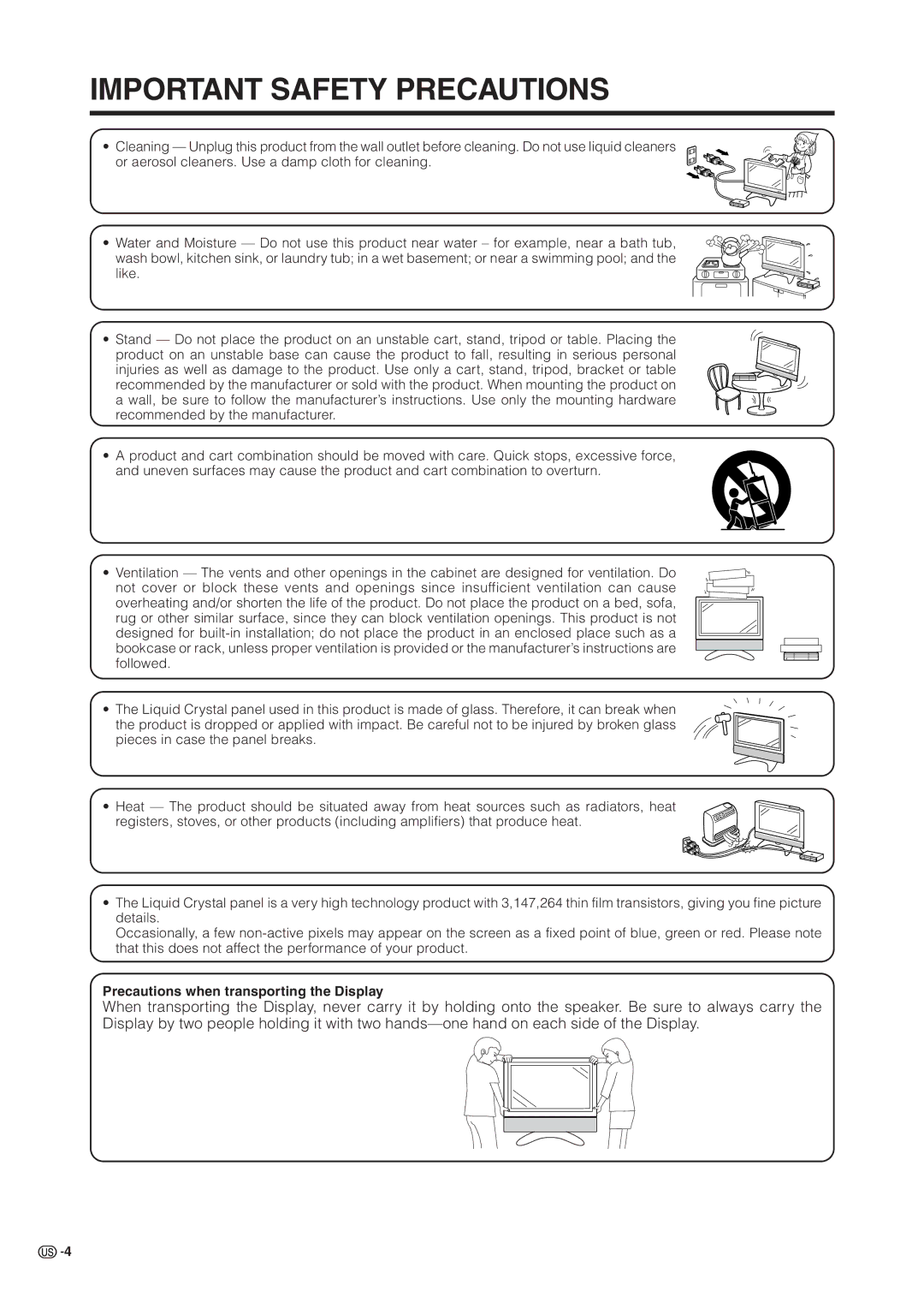 Sharp LC 37HV6U operation manual Precautions when transporting the Display 