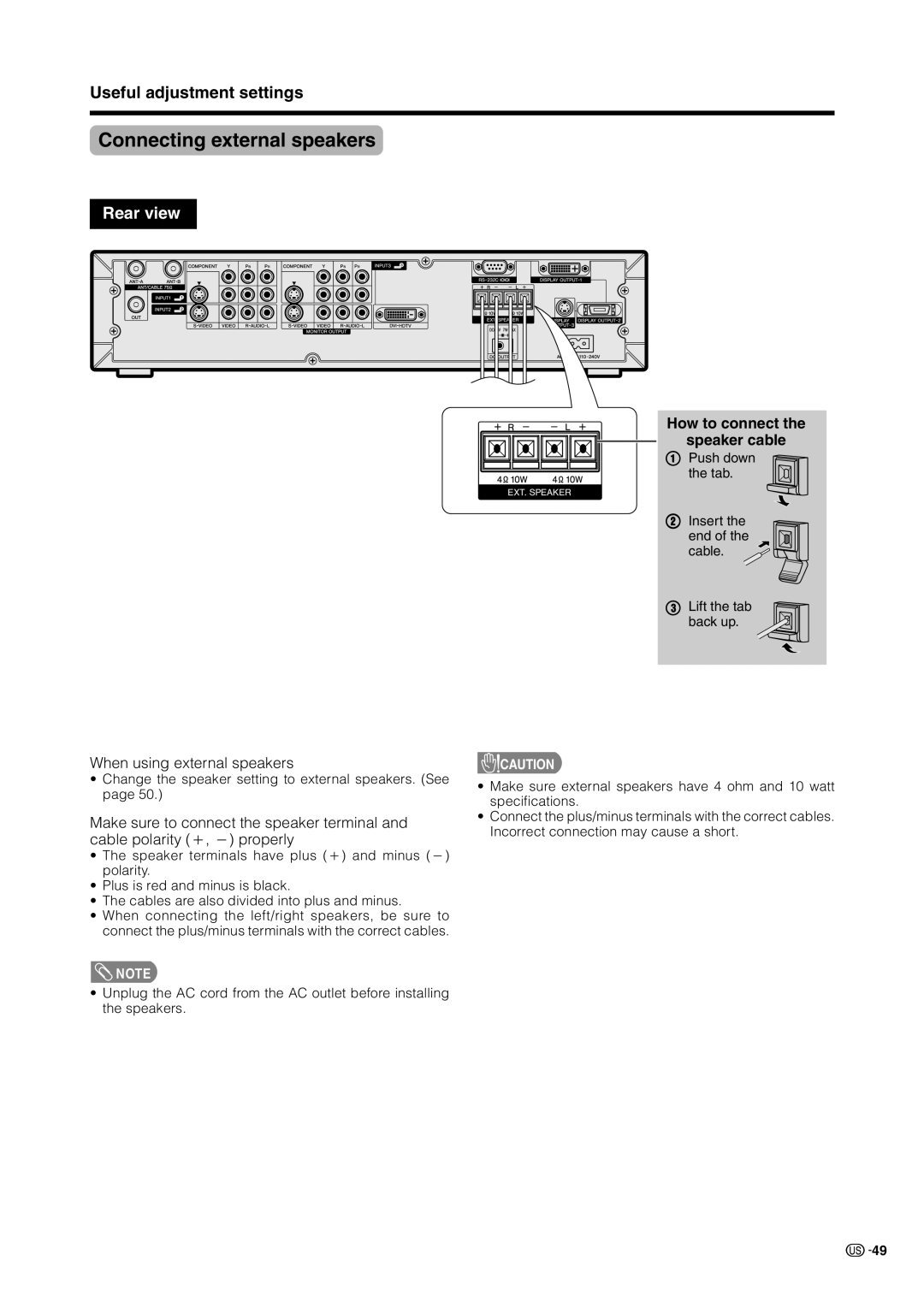 Sharp LC 37HV6U operation manual Connecting external speakers, When using external speakers, How to connect Speaker cable 