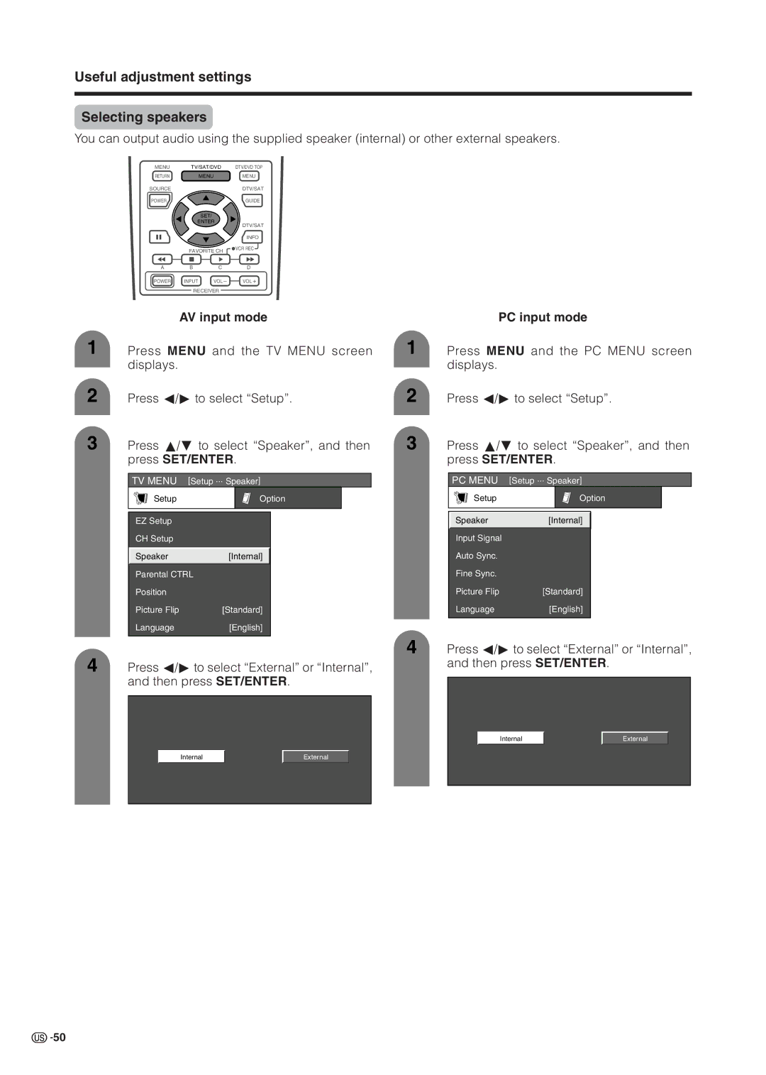 Sharp LC 37HV6U operation manual Useful adjustment settings Selecting speakers, AV input mode 