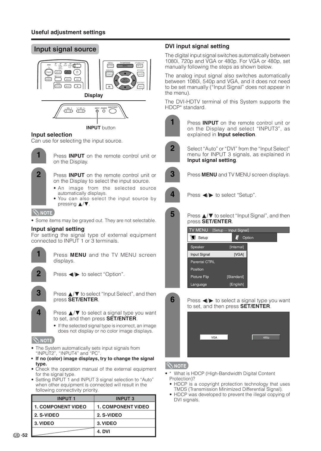 Sharp LC 37HV6U operation manual Input signal source, DVI input signal setting, Input selection, Input signal setting 