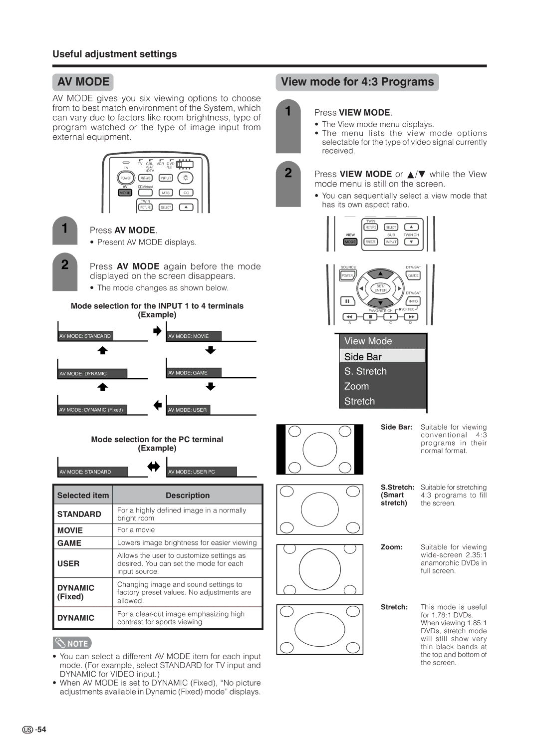 Sharp LC 37HV6U operation manual View mode for 43 Programs, Press AV Mode, Press View Mode 