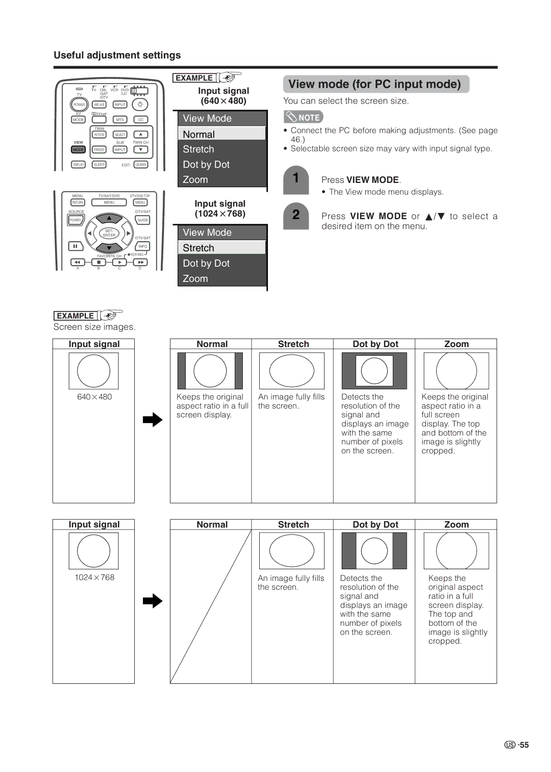 Sharp LC 37HV6U View mode for PC input mode, Input signal 640m480, Input signal 1024m768, Normal Stretch Dot by Dot Zoom 