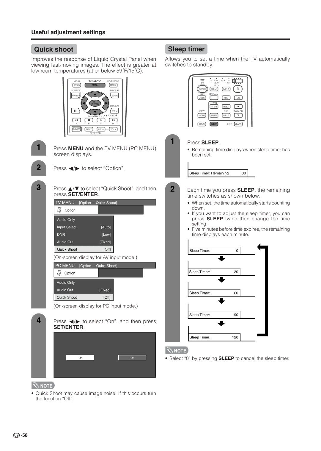 Sharp LC 37HV6U operation manual Quick shoot, Sleep timer, Press Sleep 