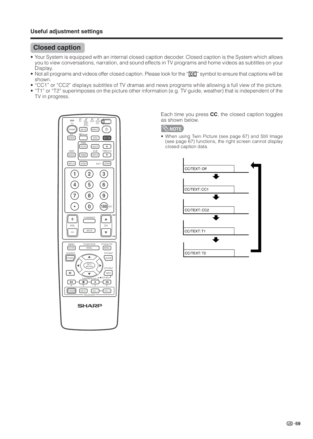 Sharp LC 37HV6U operation manual Closed caption, Ent 