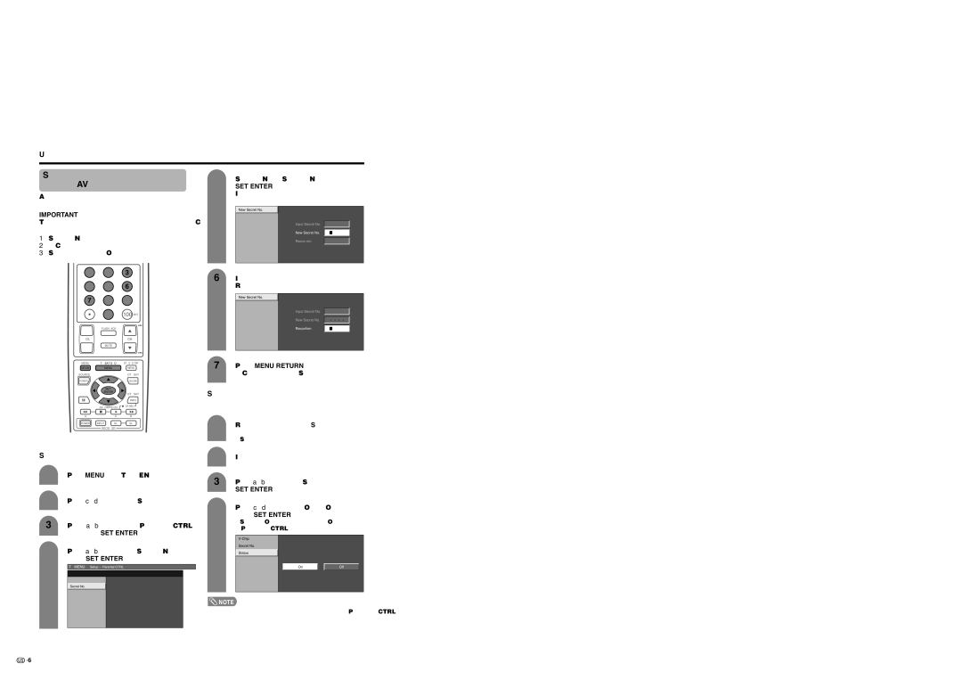 Sharp LC 37HV6U operation manual Setting a secret number, Setting parental control status 
